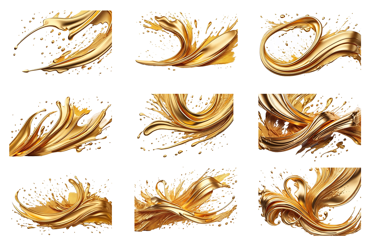 Golden paint splash explosion brush stroke background set