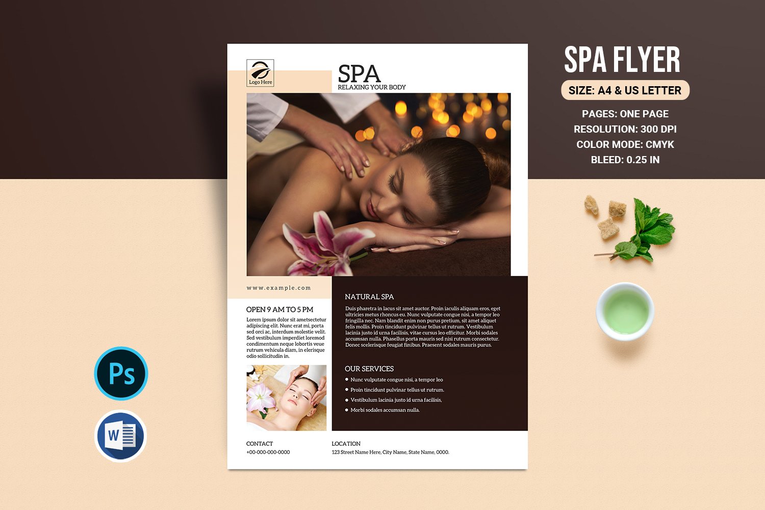 Spa and Beauty Salon Flyer Template. Photoshop and Ms Word