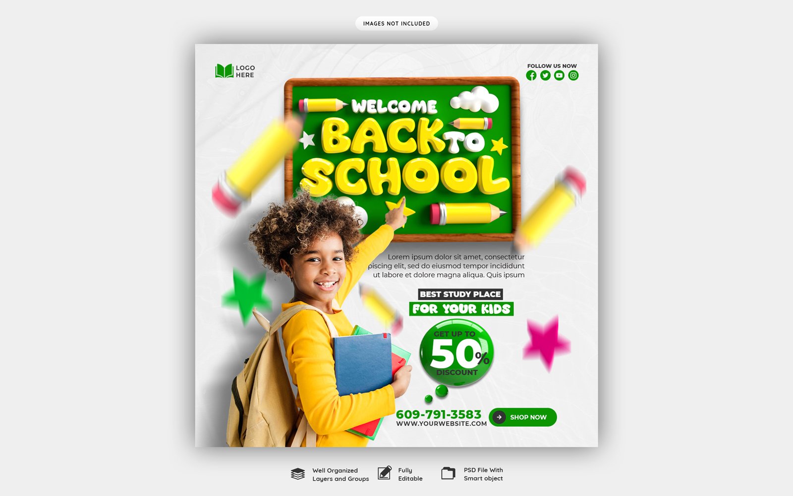 Welcome Back To School Social Media Post PSD Template Design