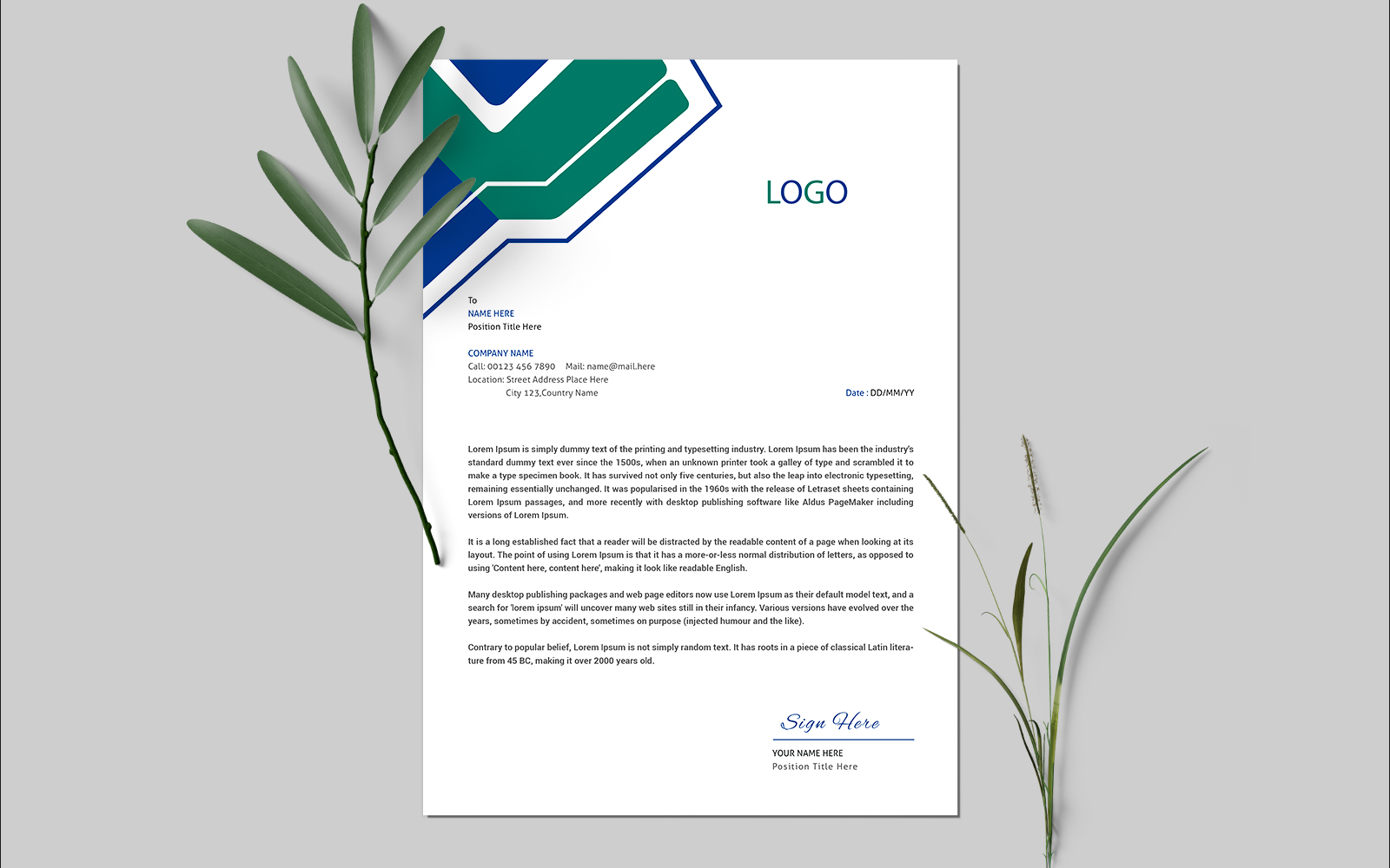 Letterhead design with flat color