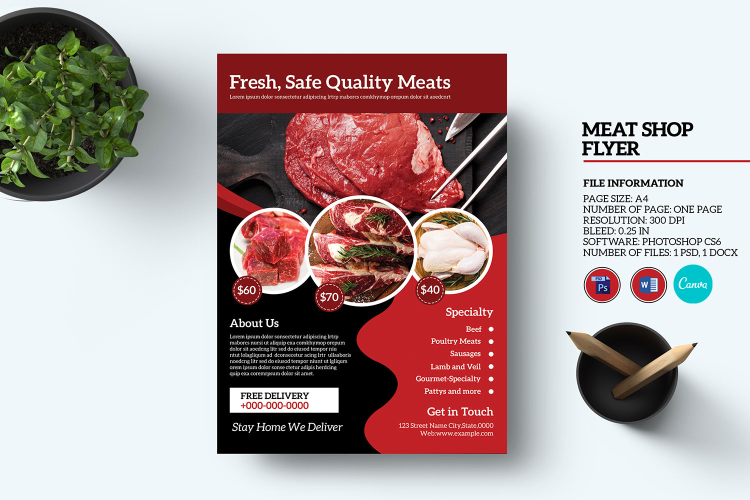 Meat Shop Flyer Template. Ms Word, Photoshop and Canva