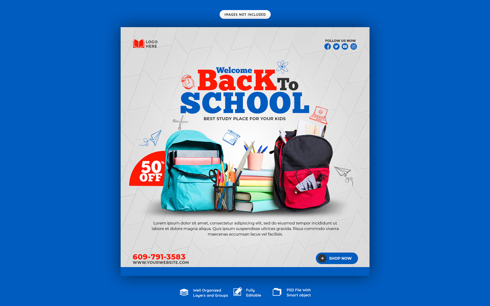 Welcome Back To School Social Media Poster PSD Template