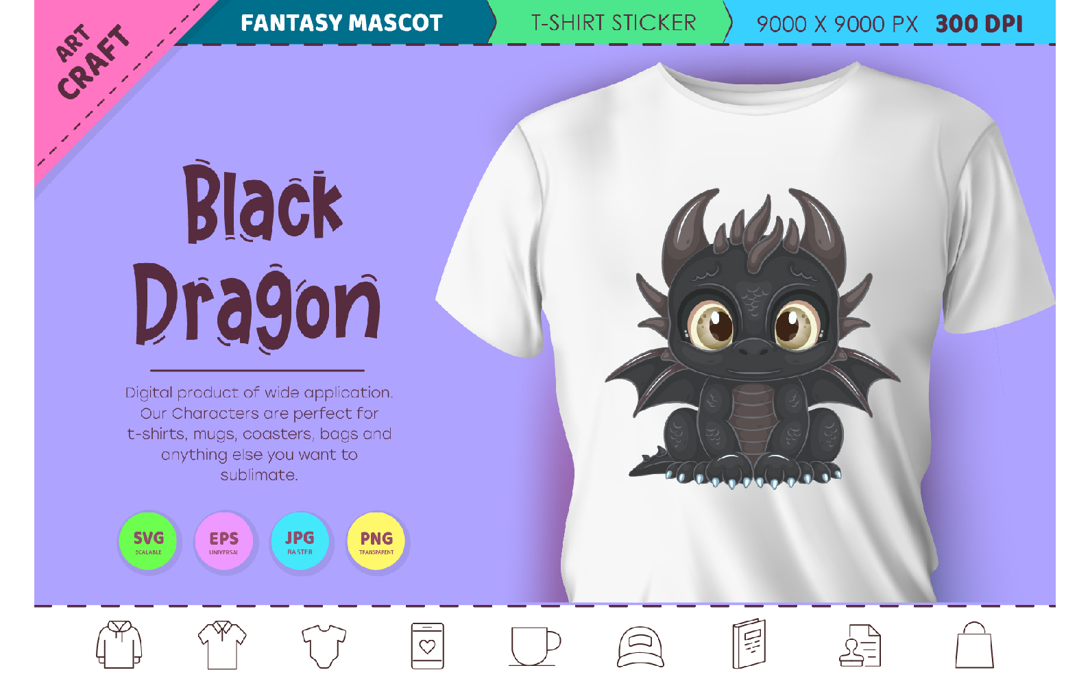 Cartoon black dragon. Fantasy clipart.