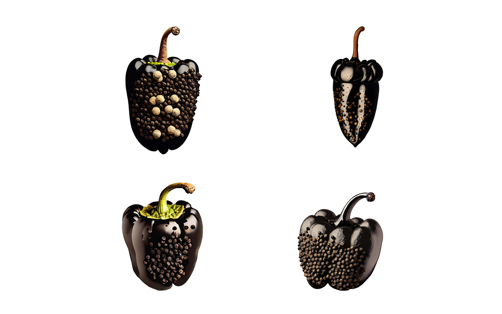 Set of black peppers isolated on white background. 3d illustration.