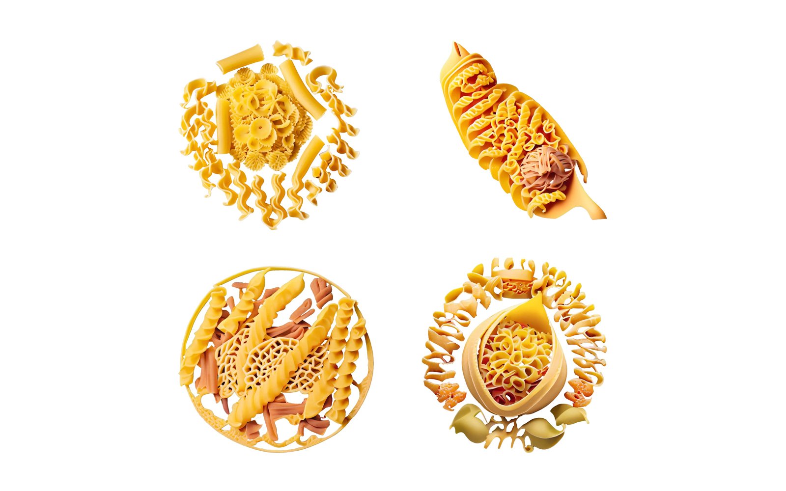 Set of different types of pasta on a white background.