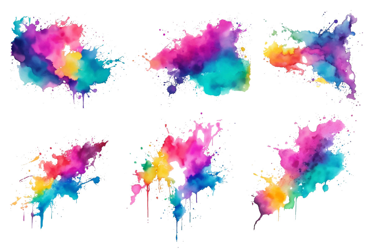 Abstract watercolor ink splash background set. Colorful paint splatter texture