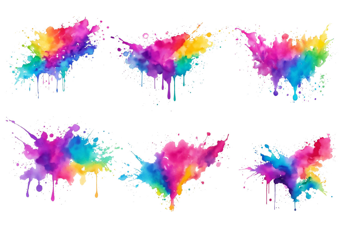 Watercolor splatter brush stroke, colorful rainbow paint ink splash