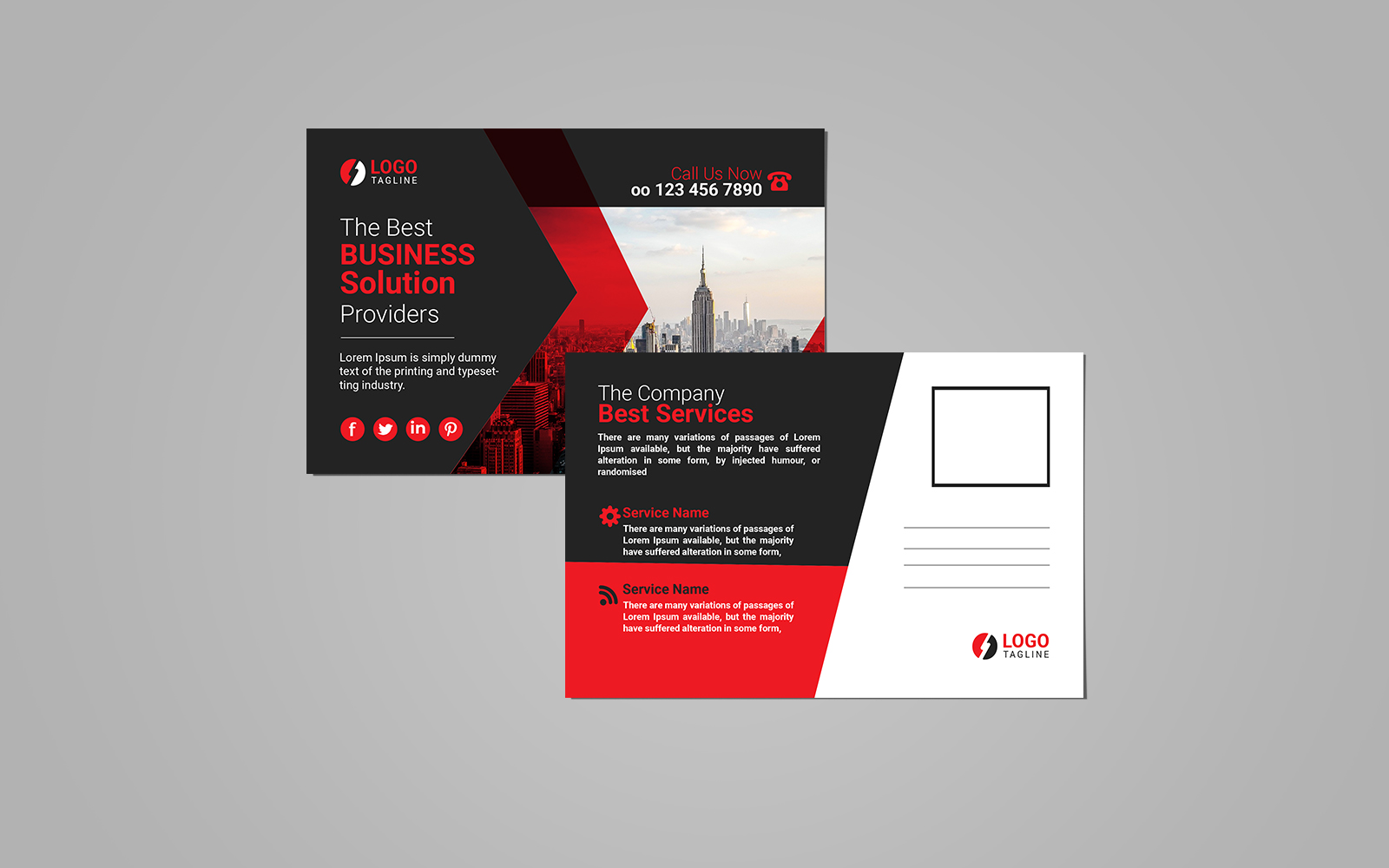 Post Card Design Template with Red &Black Shapes