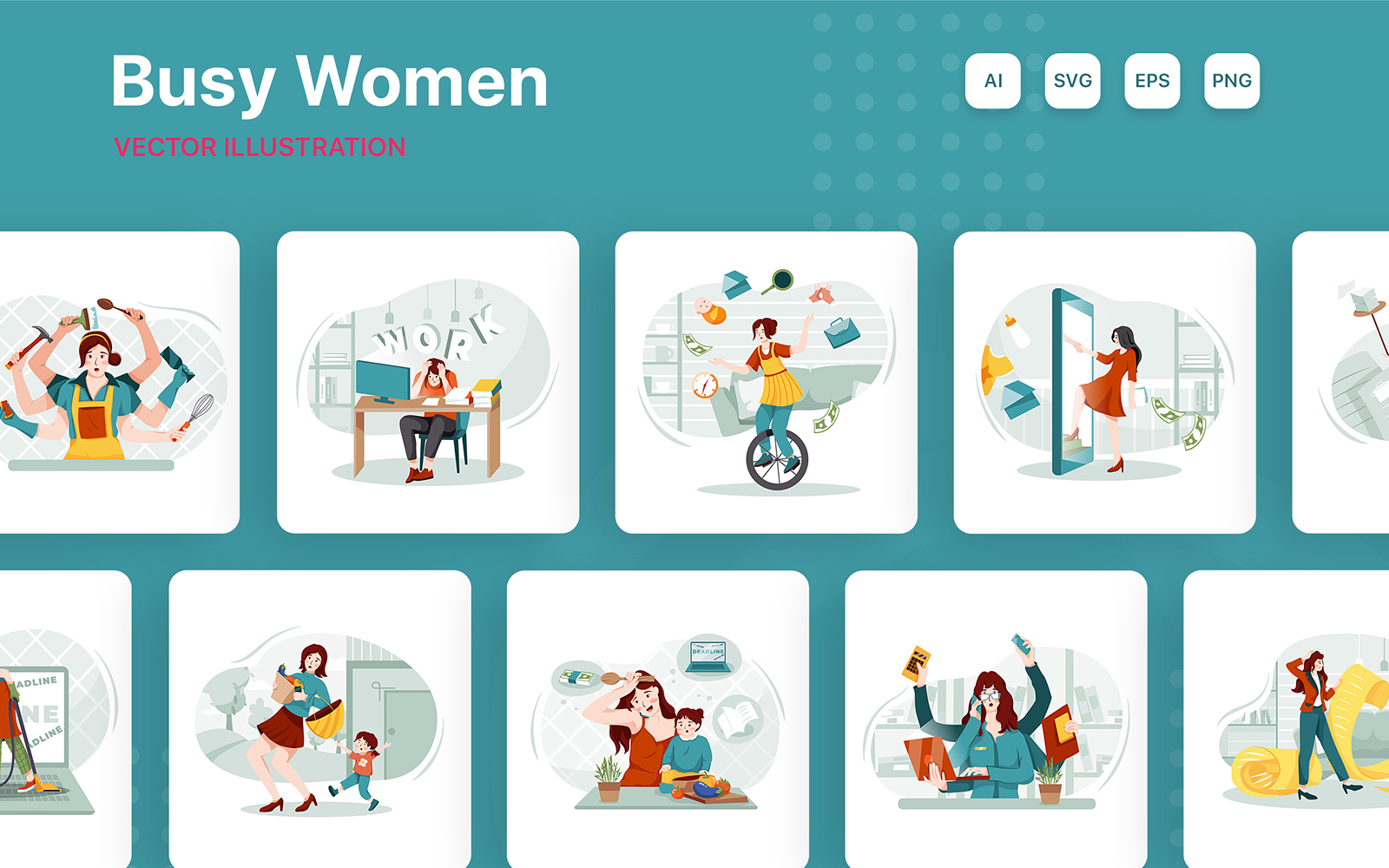 M210_ Multitasking Woman Illustration Pack