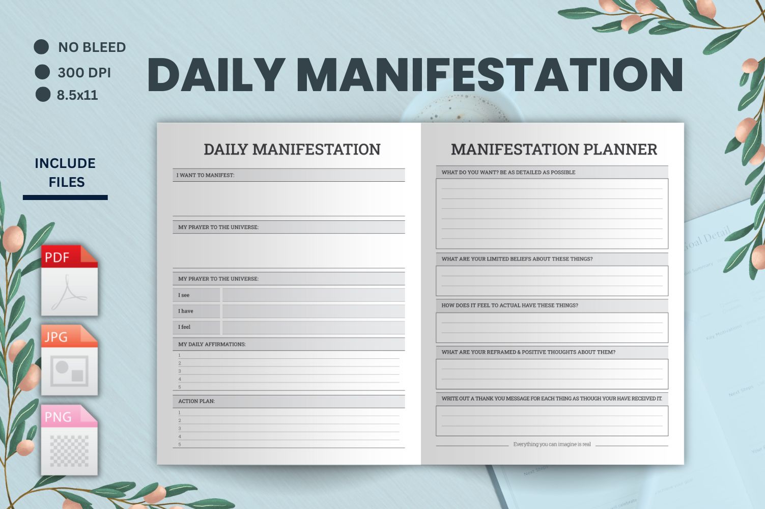 Daily Manifestation Journal, Printable Water Tracker, Digital Daily Habit Tracker