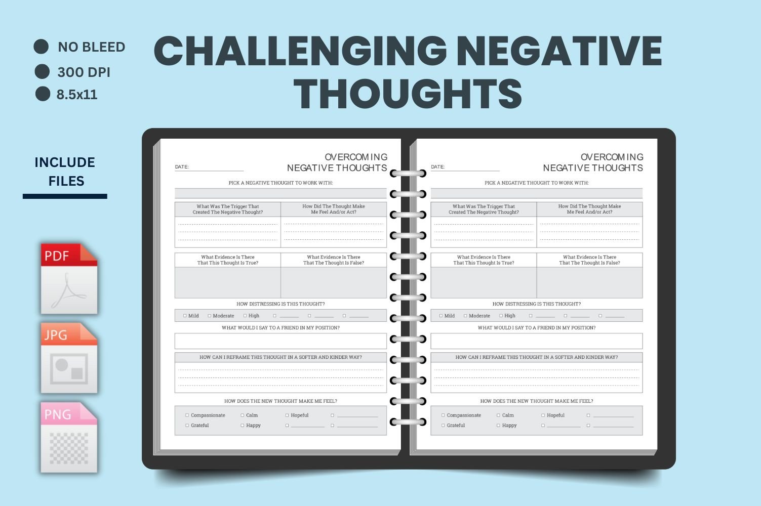 Challenge Negative Thoughts, Therapy Worksheets, Self Help Printable, Unhelpful Thinking Fillable