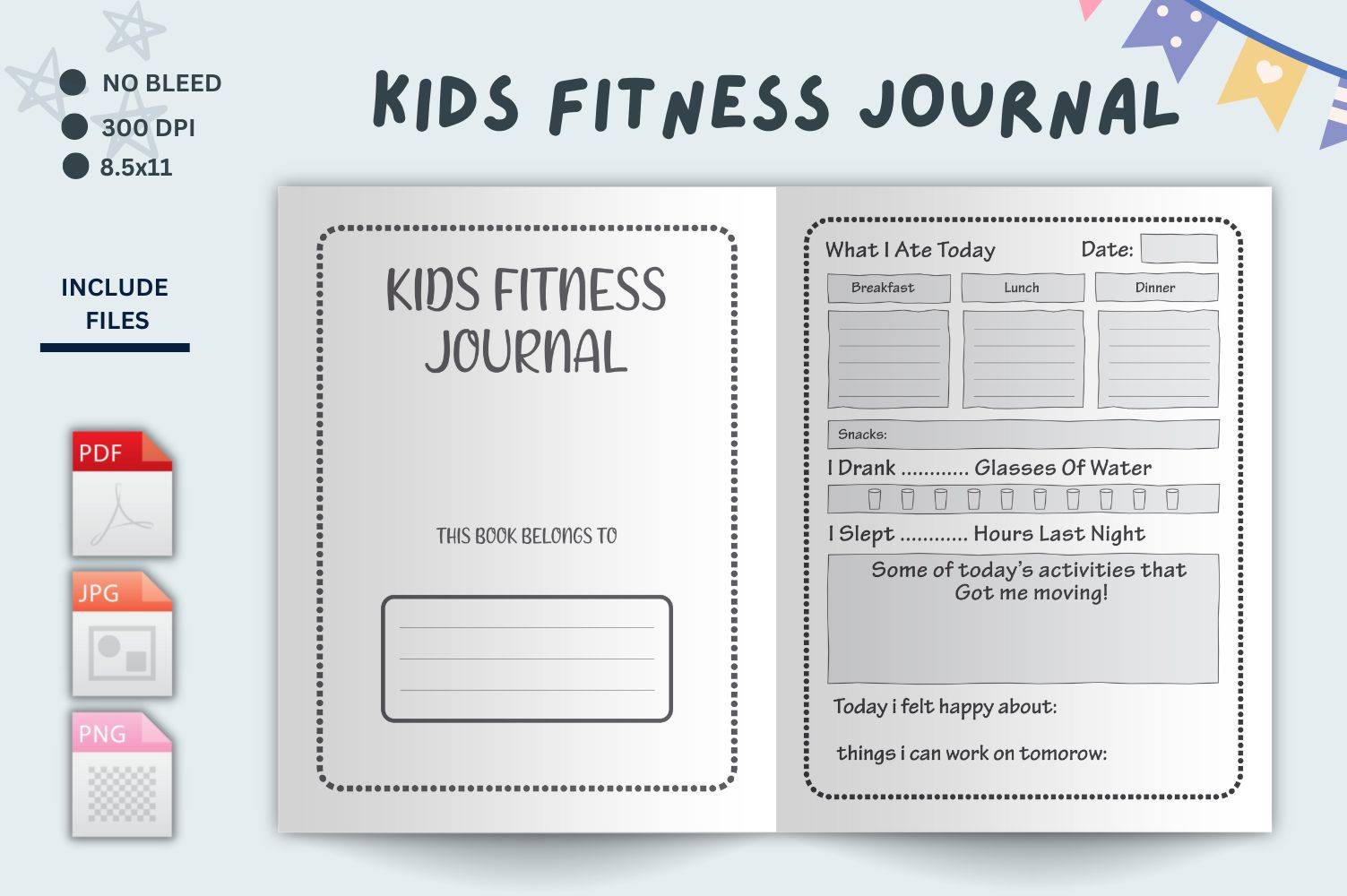 Kids Fitness Log, Water Tracker, Food Tracker, Exercise Log, Page Inserts, Planner Pages