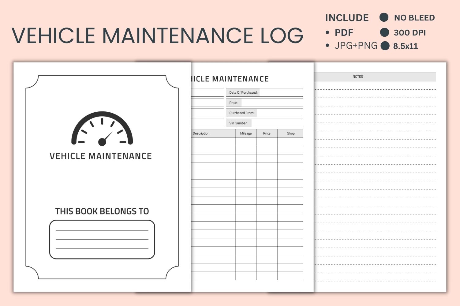 Vehicle Maintenance Log – Car motorcycle Repair mileage Template Printable