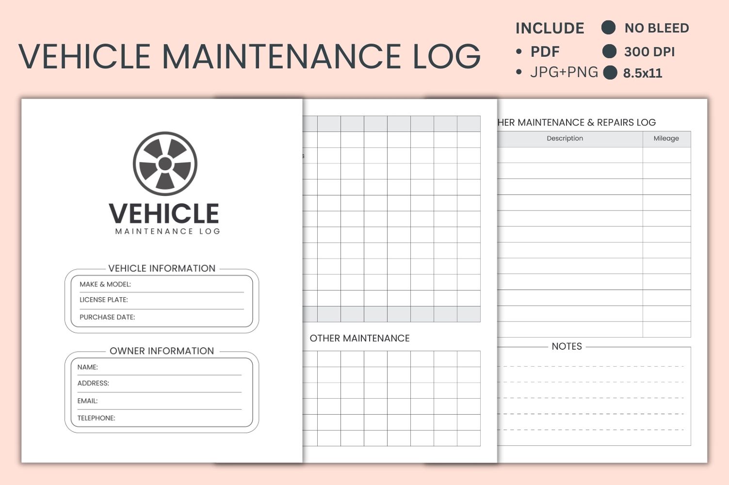 Vehicle Maintenance Log – Car motorcycle Repair mileage Tracker Sheet.