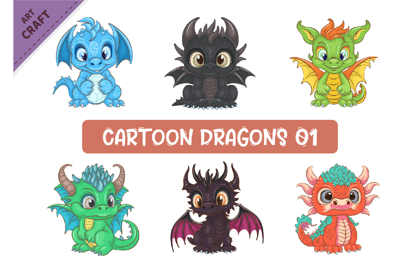 Set of Cartoon Dragons  01. Fantasy clipart.
