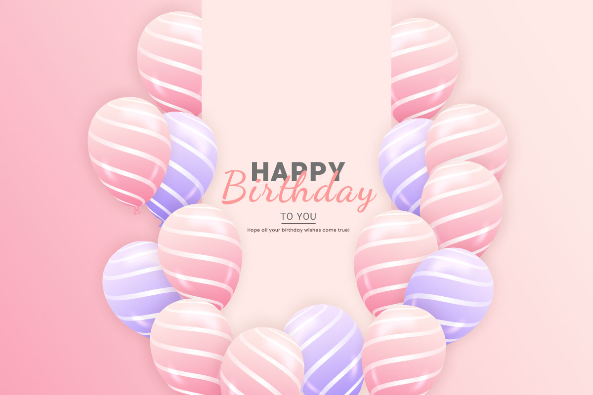 Happy birthday horizontal illustration with 3d realistic pink and purple balloon