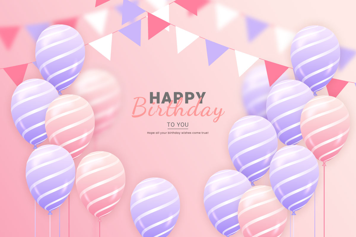 Happy birthday horizontal illustration with 3d realistic pink and purple balloon on pink background