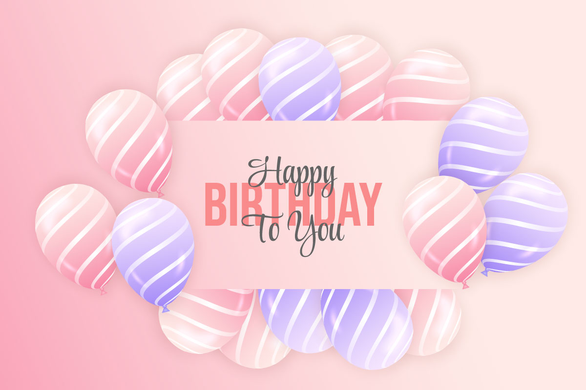 Happy birthday horizontal illustration with 3d realistic pink and purple balloon  pink background