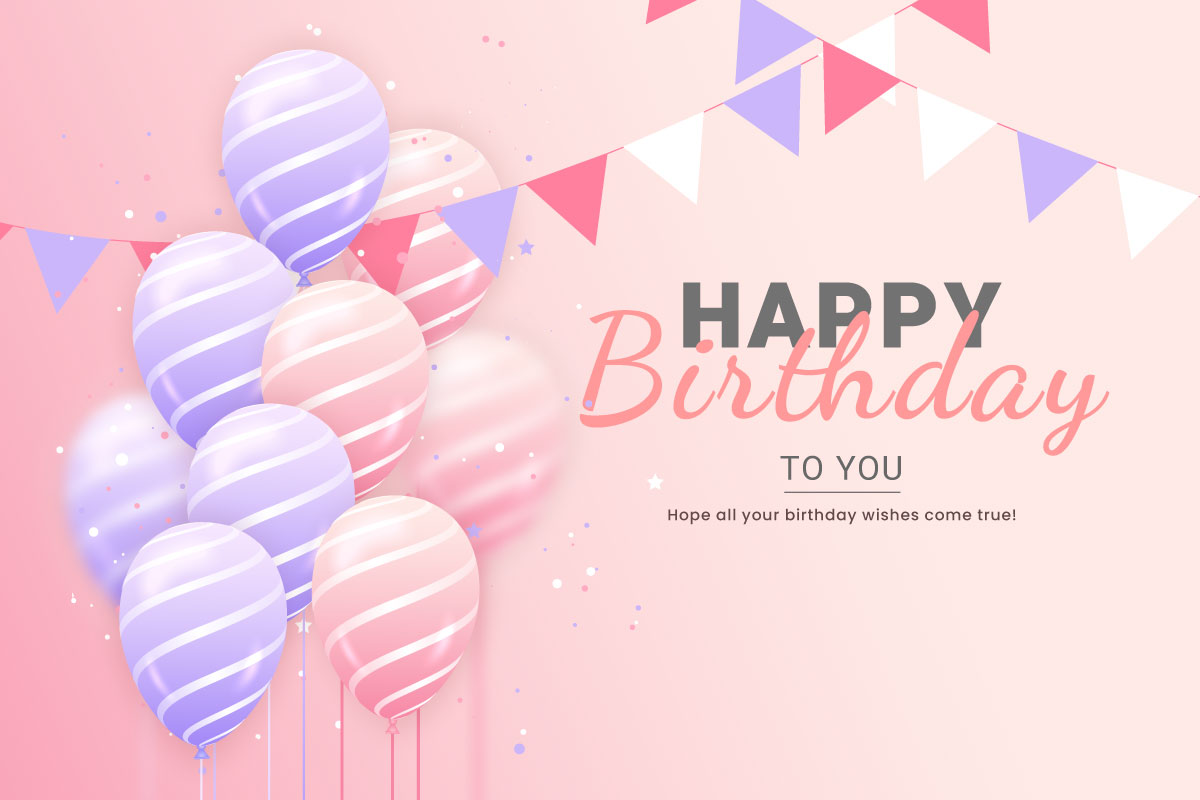 Happy birthday horizontal illustration with 3d realistic pink and purple balloon on background