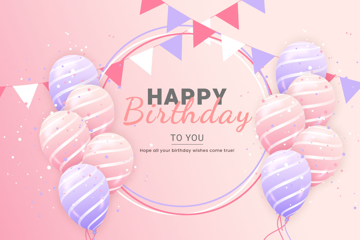 Happy birthday horizontal illustration with 3d realistic pink and purple balloons