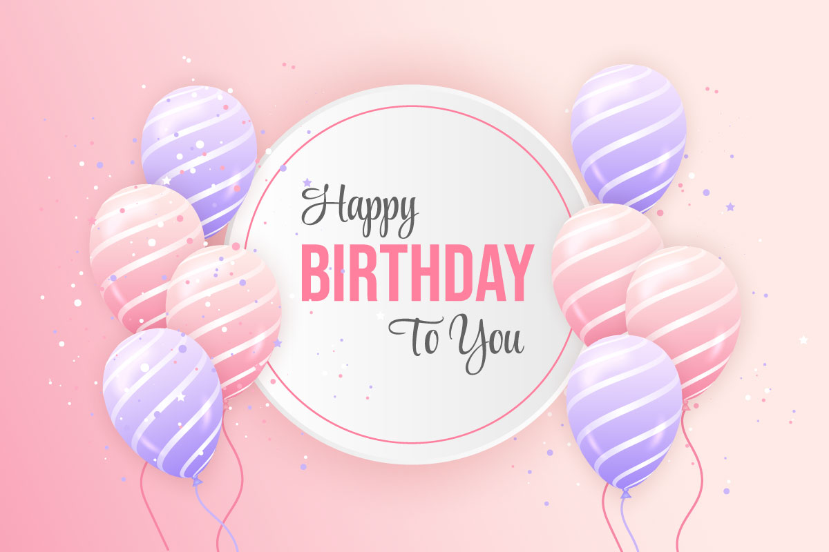 Happy birthday horizontal illustration with 3d realistic pink and purple balloon and confitti