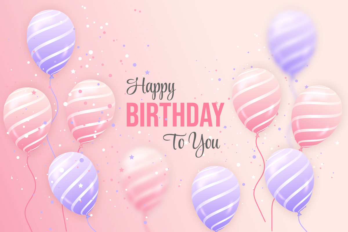 birthday horizontal illustration with 3d realistic pink and purple balloon