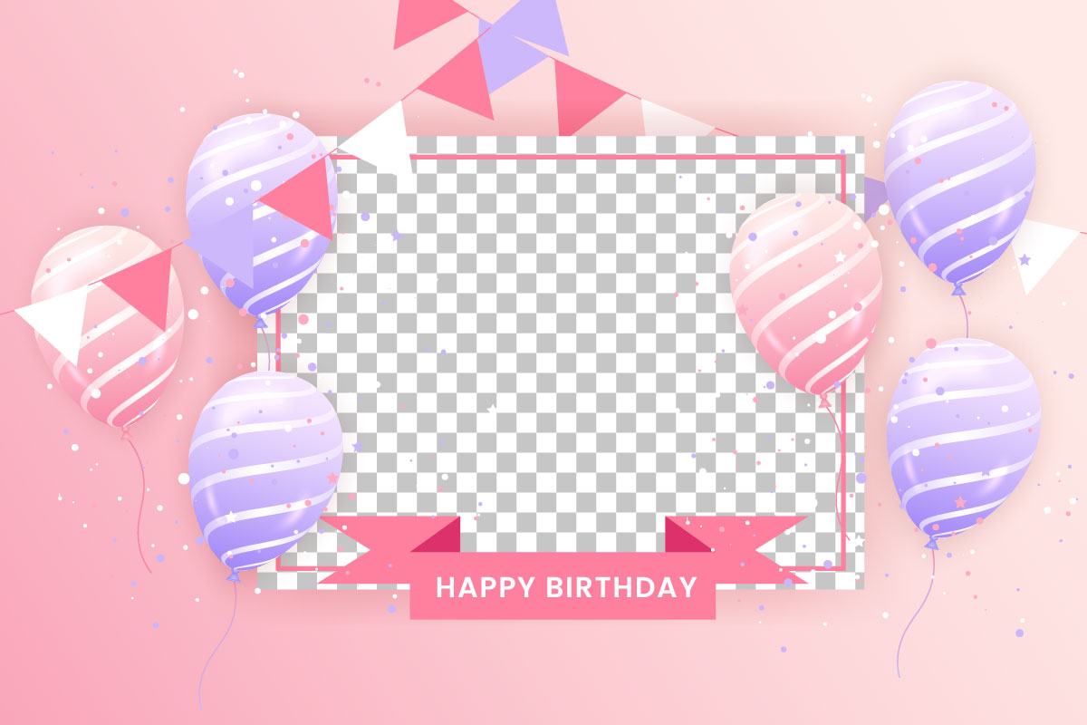 birthday horizontal illustration with 3d realistic pink and purple balloon on pink background