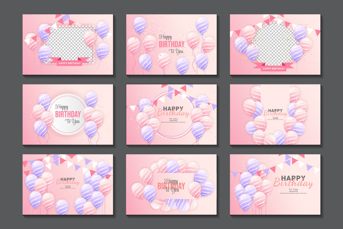 Happy birthday set  horizontal illustration with 3d realistic pink and purple balloon