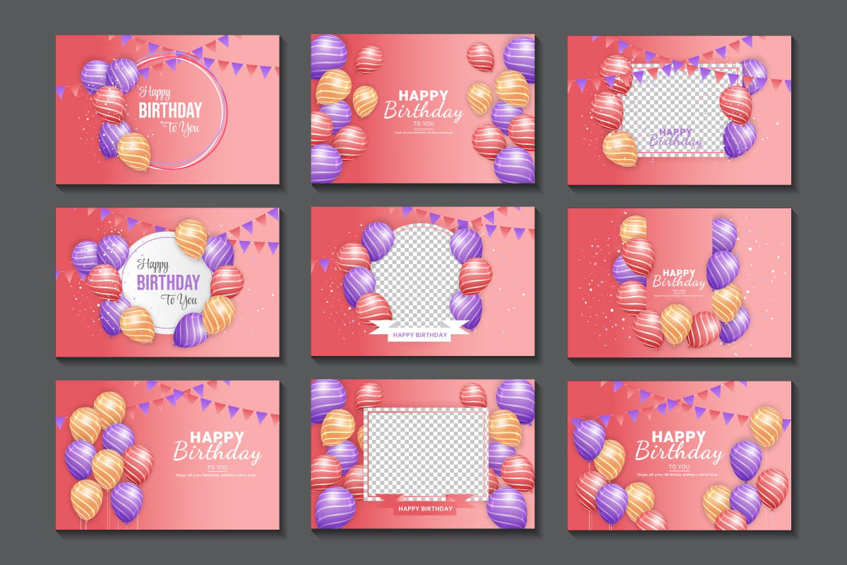 Birthday greeting template set  text vector design. Happy birthday typography in with air balloon