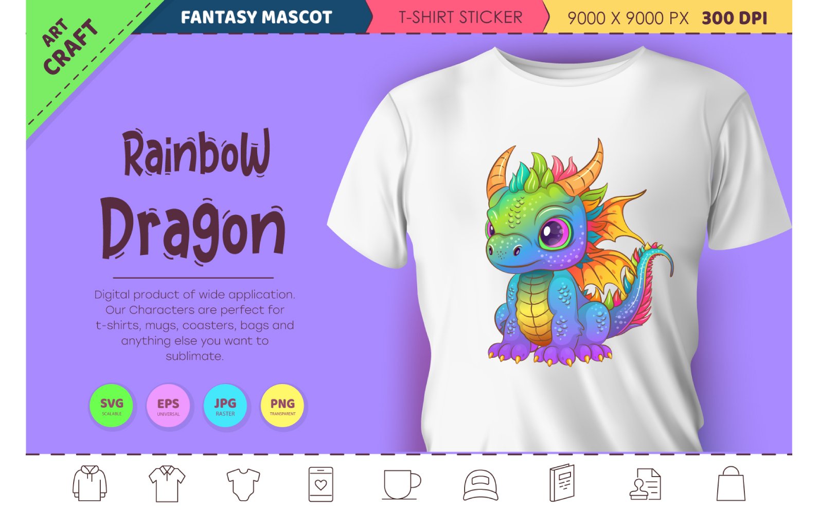 Rainbow cartoon dragon. Fantasy clipart.