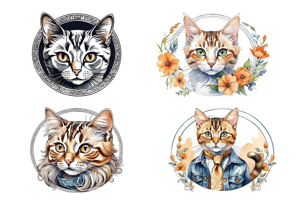 Cat watercolor illustration cliparts set