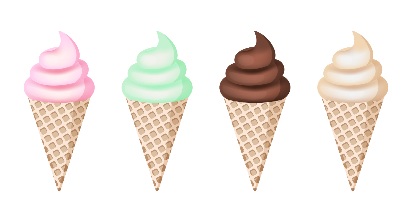 Strawberry, mint, chocolate and vanilla ice cream waffle cones on the white background