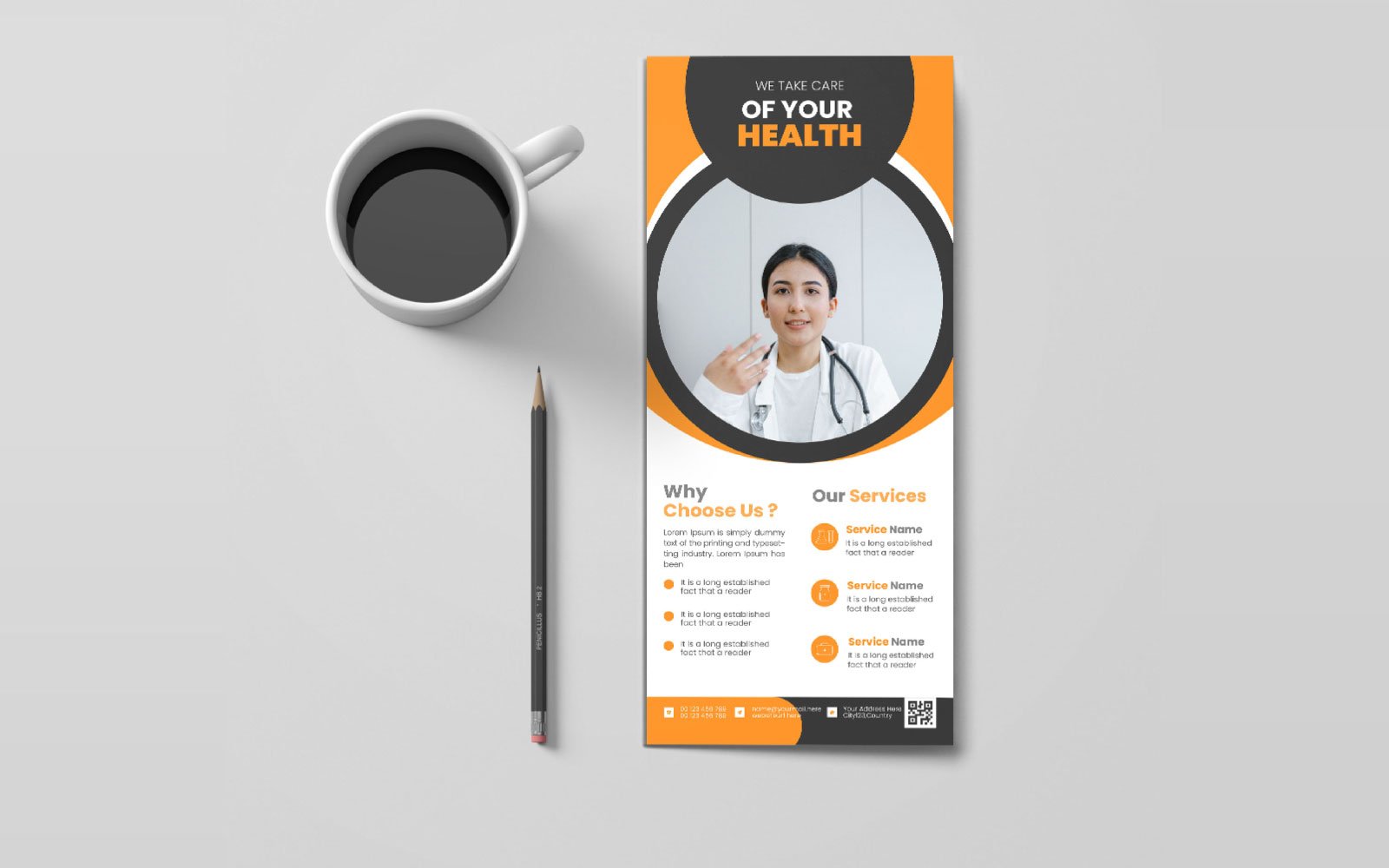 Emergency health care medical hospital clinic rack card design  template