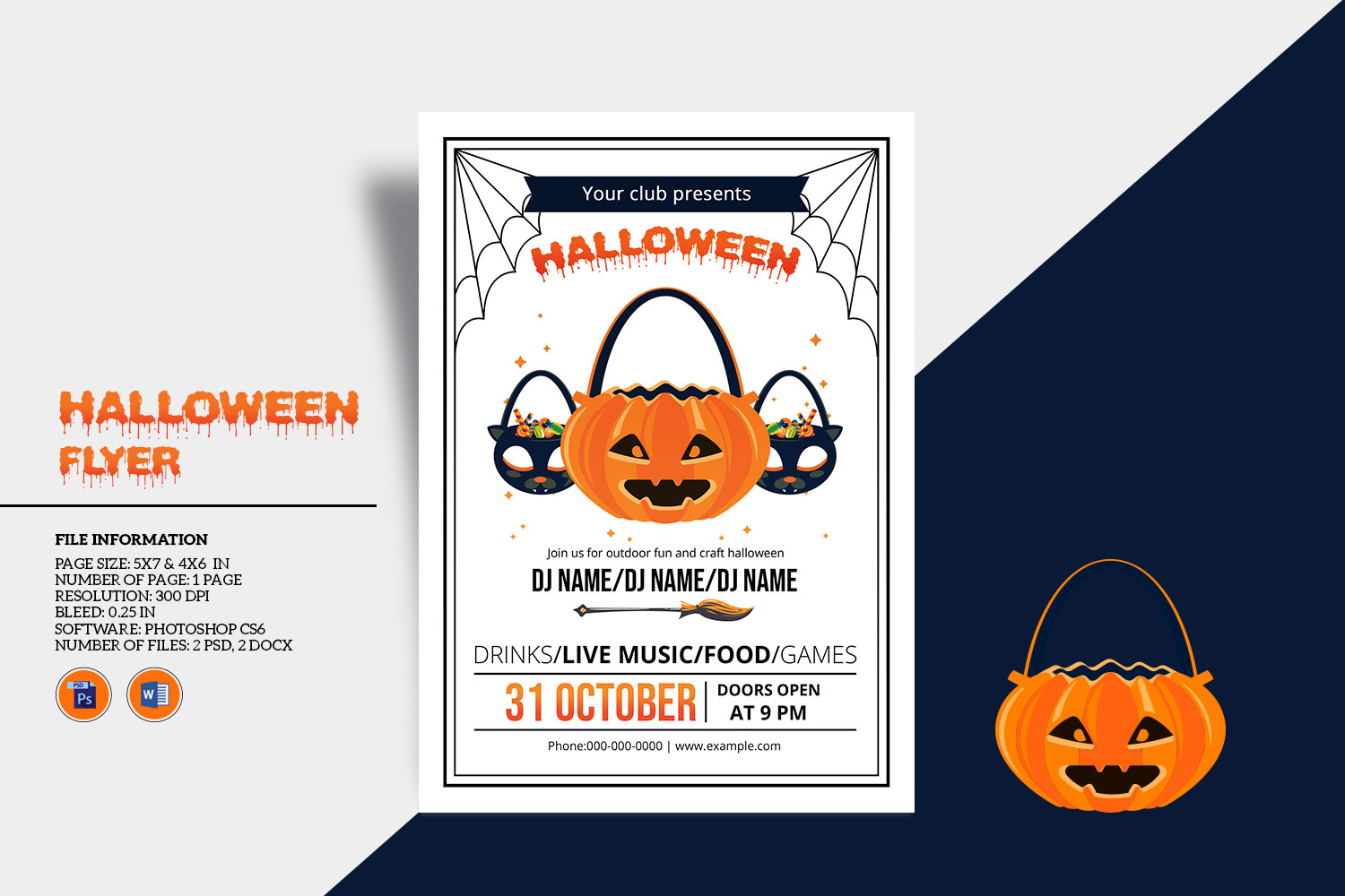 Printable Halloween Party Invitation Flyer Template. Word and Psd