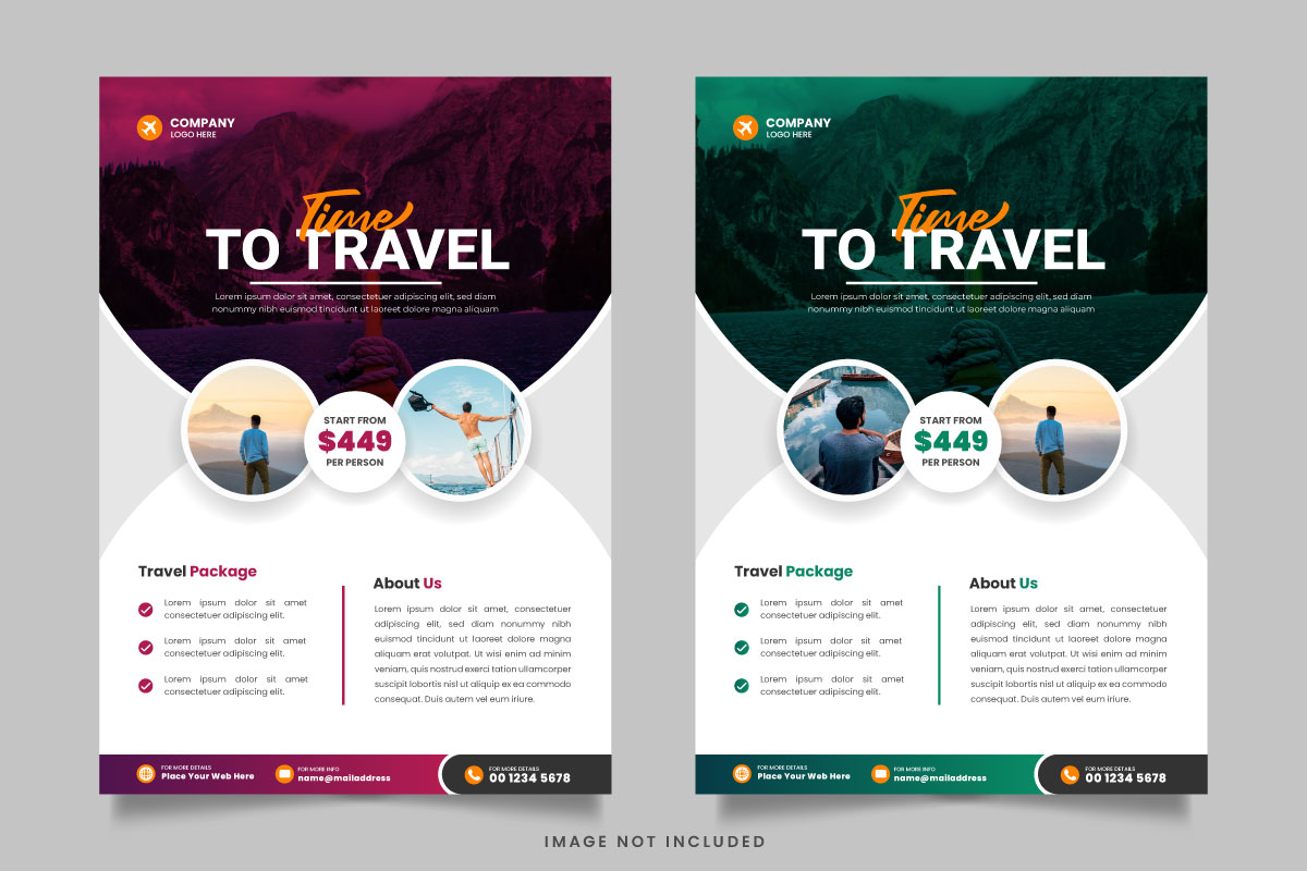 Travel flyer design template and travel agency flyer template vector design with contact