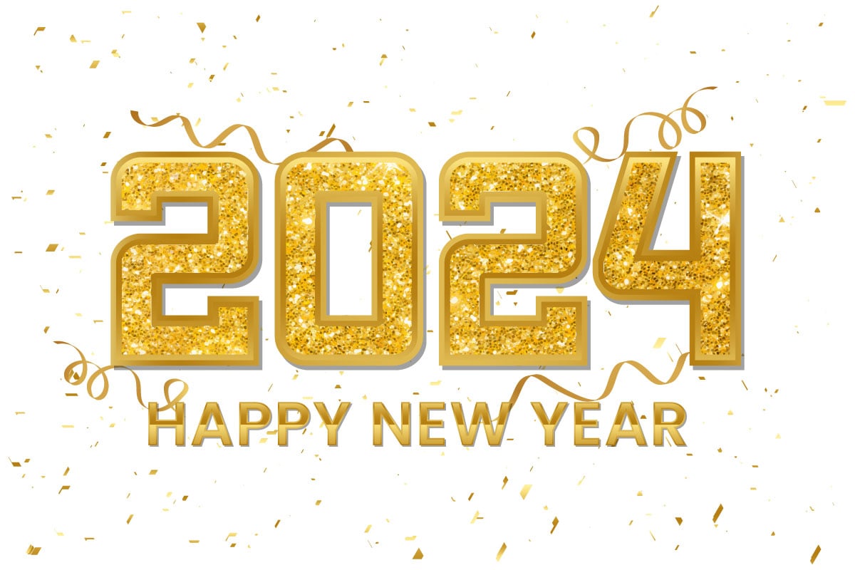 Happy New Year 2024 Text Effect, Golden glitter confetti background