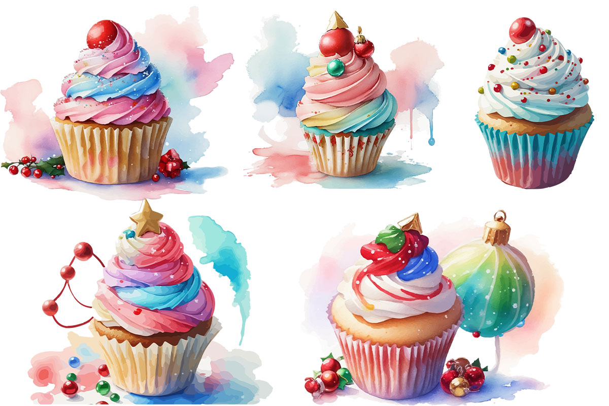 Watercolor Christmas Cupcake Clipart