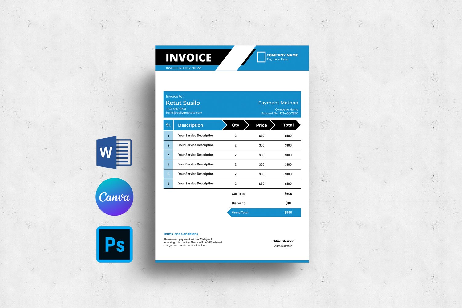 Invoice Template Layout. Ms Word, Photoshop and Canva