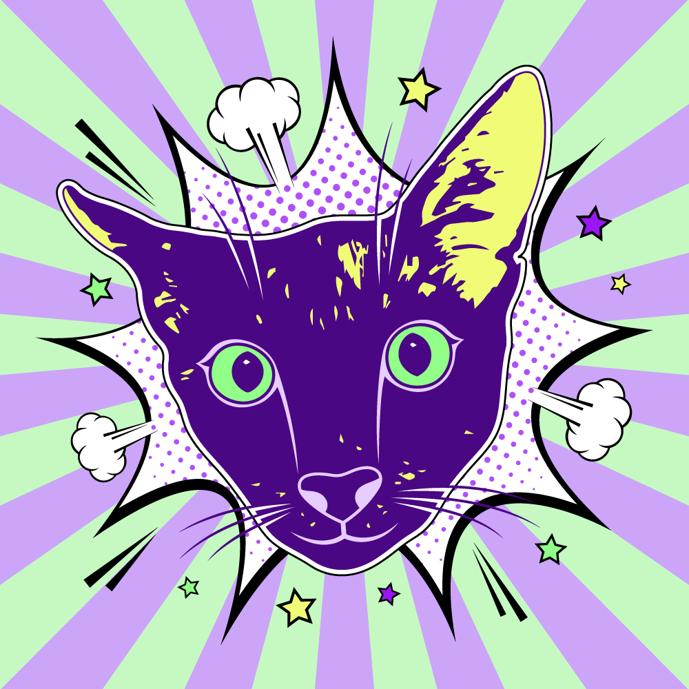 A vector purple cat in a pop art style