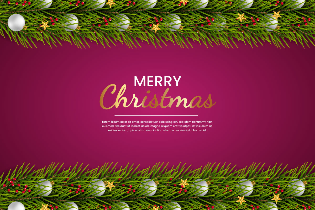 Vector christmas background decoration on red background with pine branch and christmas balls