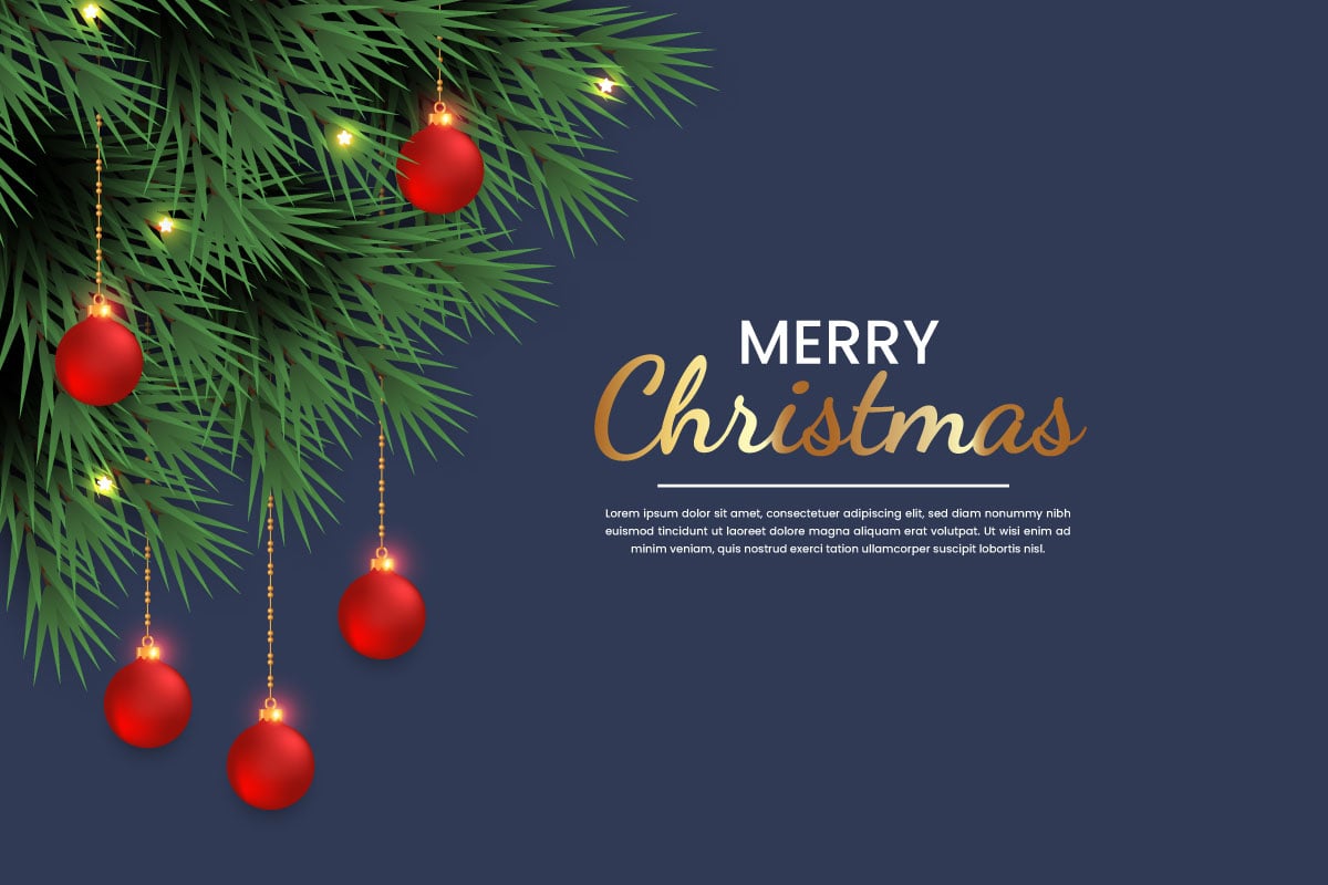 Christmas background decoration on dark background with pine branch and christmas balls