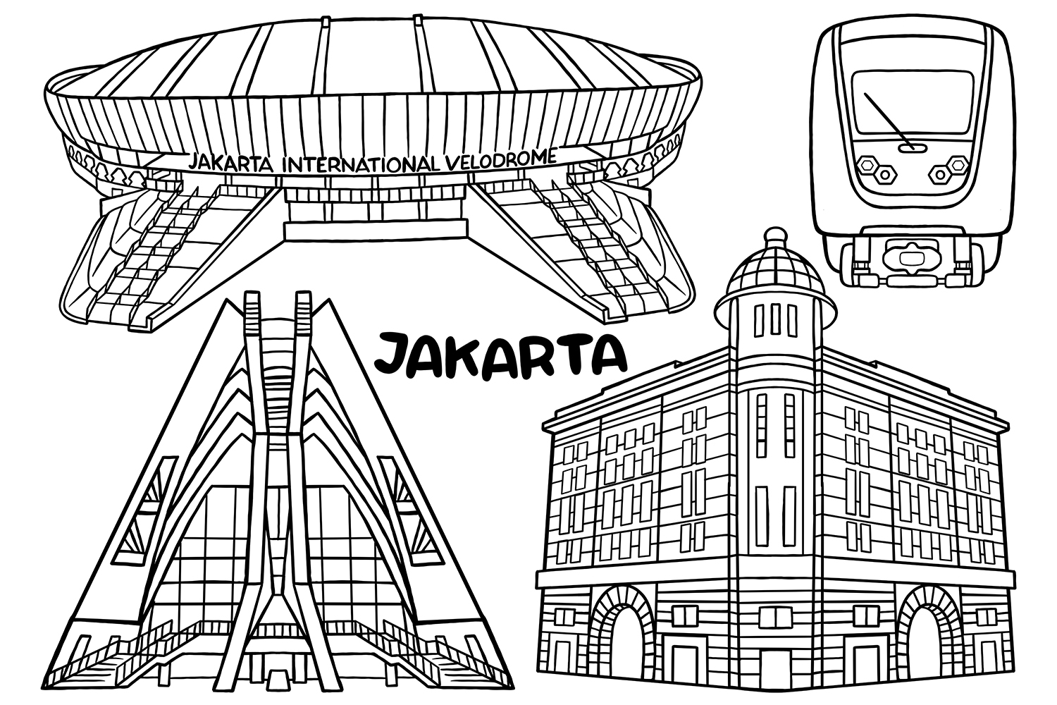 Jakarta Kawaii Doodle Vector Illustration Line Art #02