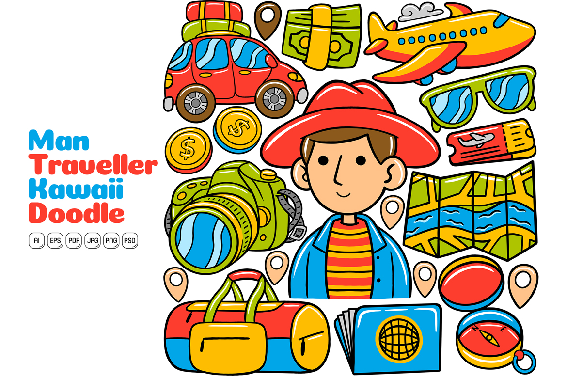 Man Traveller Kawaii Doodle Vector Illustration