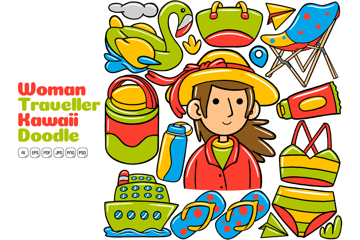 Woman Traveller Kawaii Doodle Vector Illustration