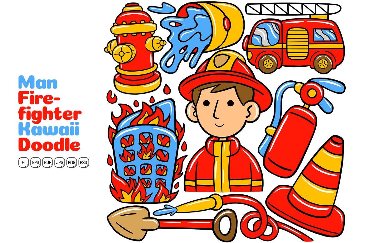 Man Firefighter Kawaii Doodle Vector Illustration