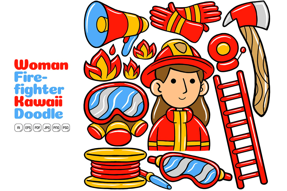 Woman Firefighter Kawaii Doodle Vector Illustration