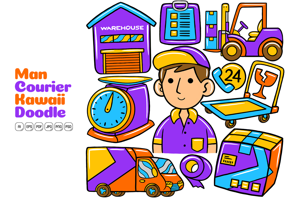 Man Courier Kawaii Doodle Vector Illustration