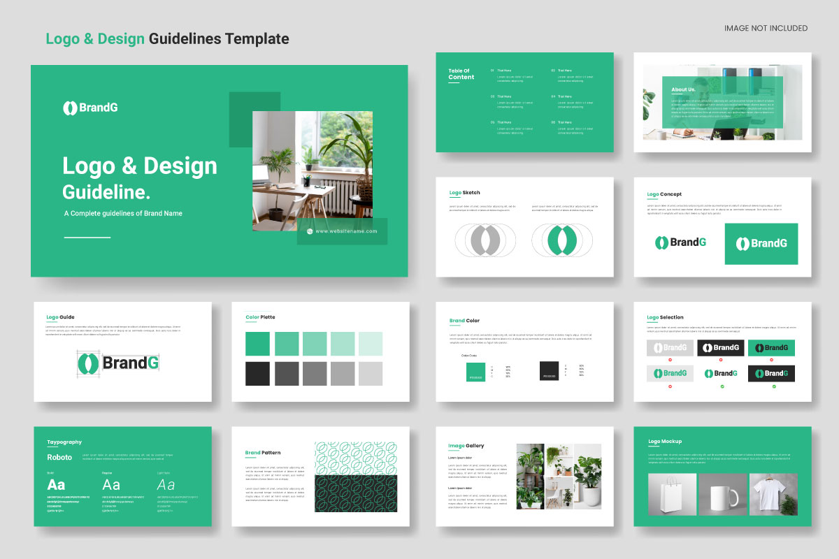 Logo and design guidelines presentation or visual brand identity guideline layout template