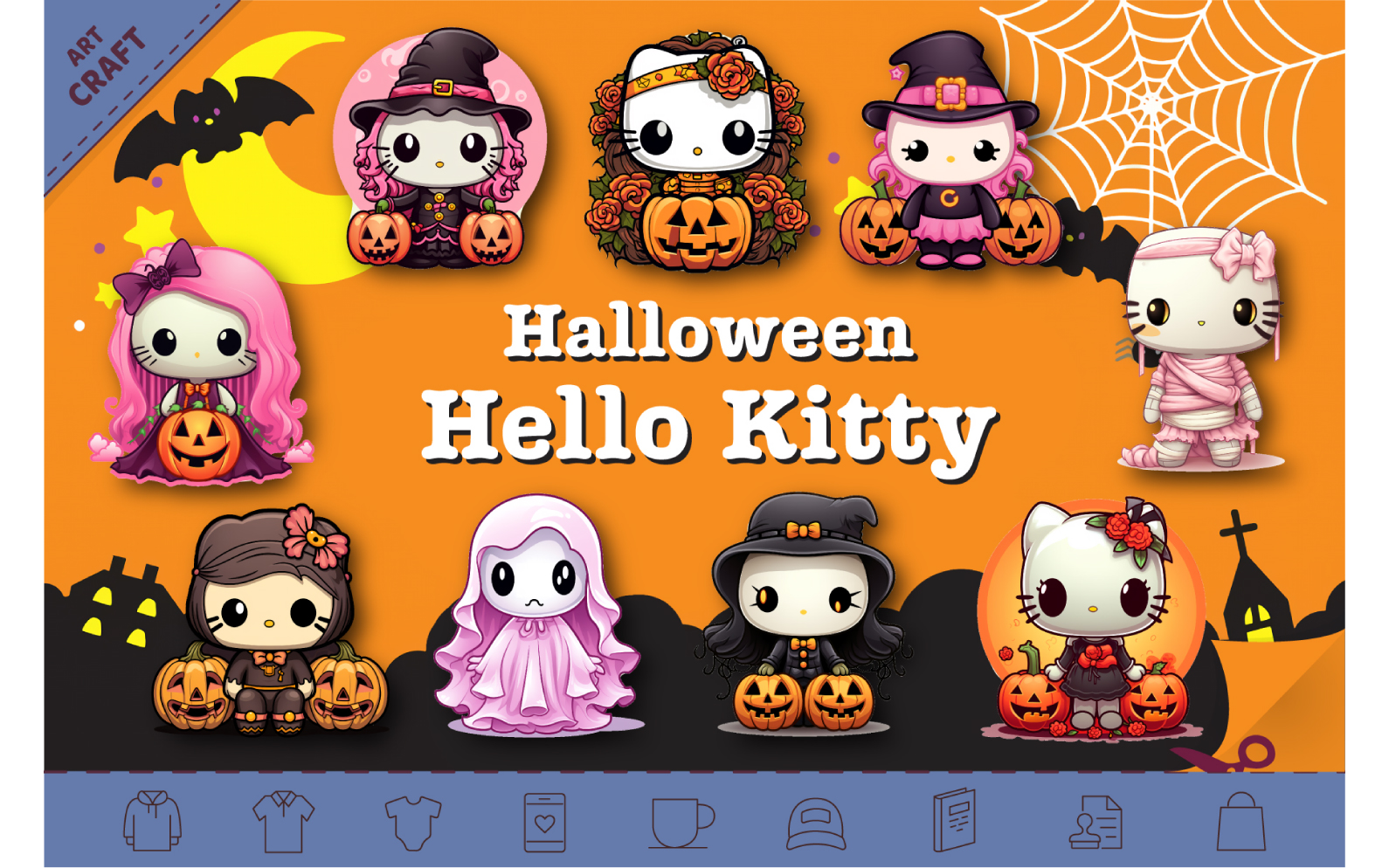 Halloween Spooky Kitty Stickers. Bundle PNG.