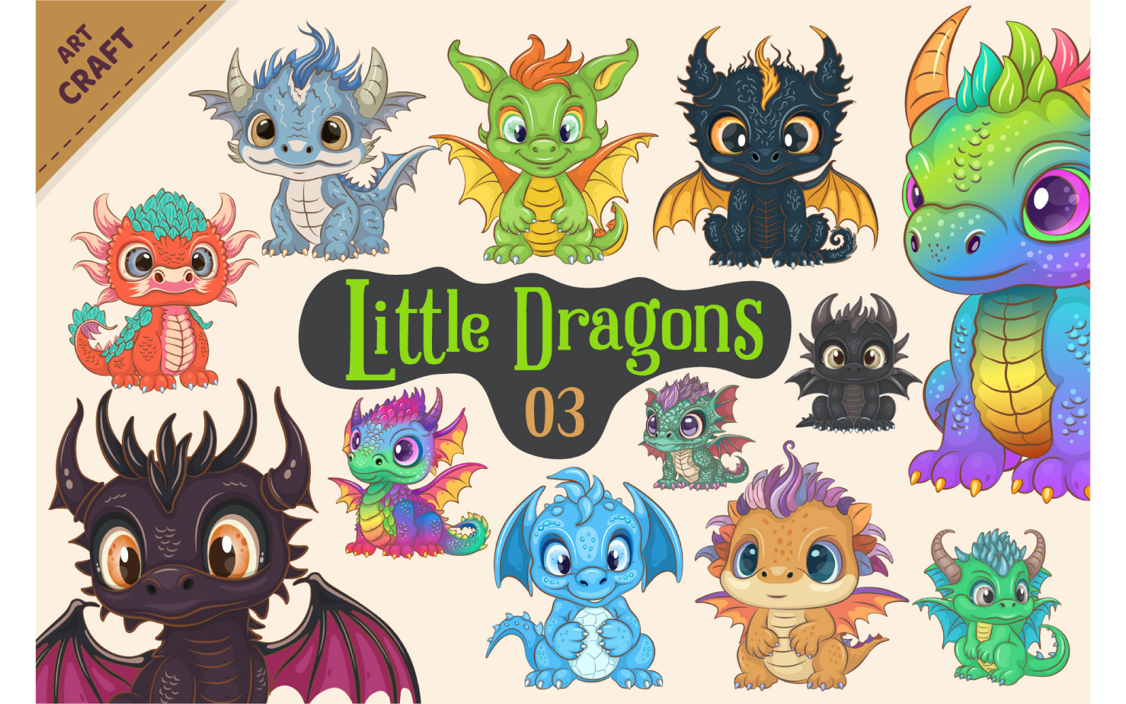 Set of Cartoon Dragons 03. Fantasy clipart.